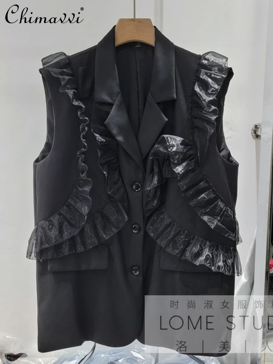 

New 2022 Autumn Clothes Fashion Black Suit Collar Vest Female Personality Design Stitching Mesh Sleeveless Coat Female All-match