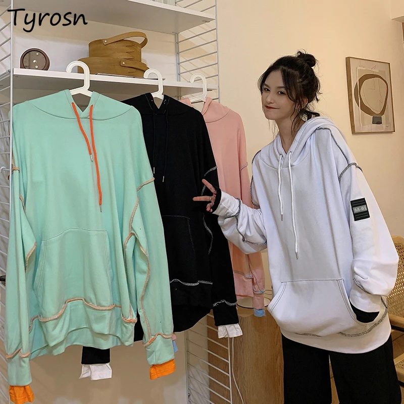 Women Hoodies Designed Patchwork Casual Clothes Hooded Stylish Korean Style Fake Two Piece Sweet Y2K All-match Lovely Pullovers