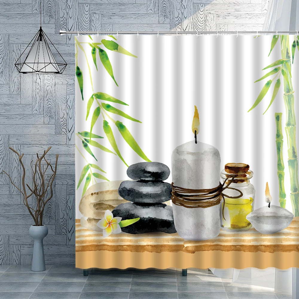

Zen Shower Curtain Black Stone Candle Green Bamboo Print Spa Beauty Hall Room Decoration Bathroom Decor Bath Courtain with Hooks