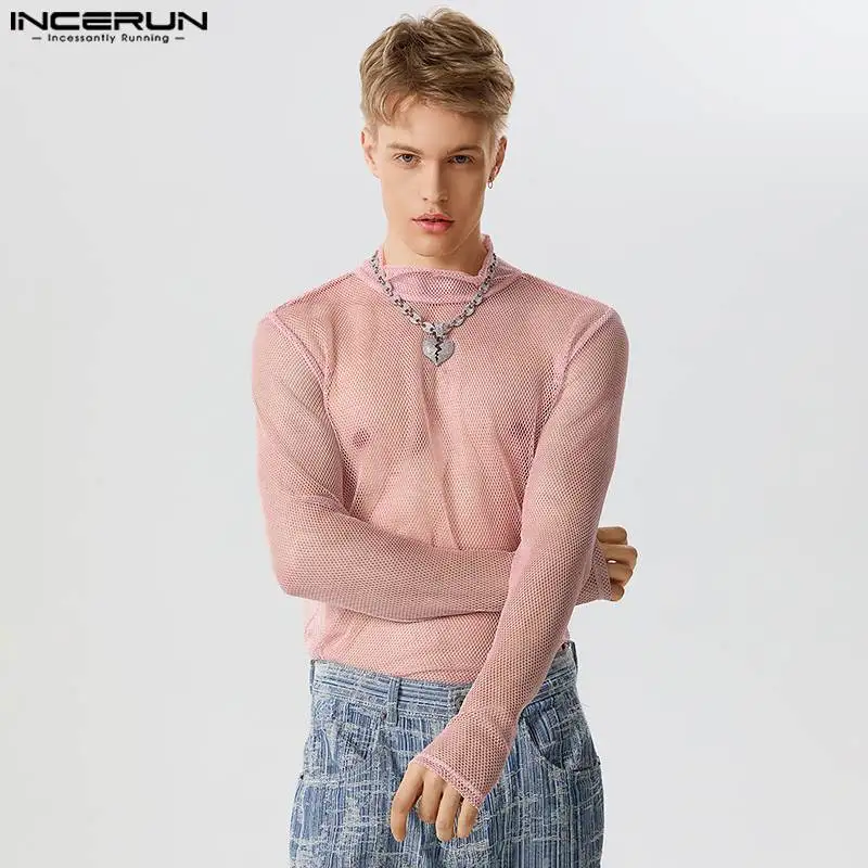 

INCERUN Men T Shirt Mesh Transparent Turtleneck Streetwear Long Sleeve Camisetas 2023 Sexy Solid Party Fashion Tee Tops S-5XL