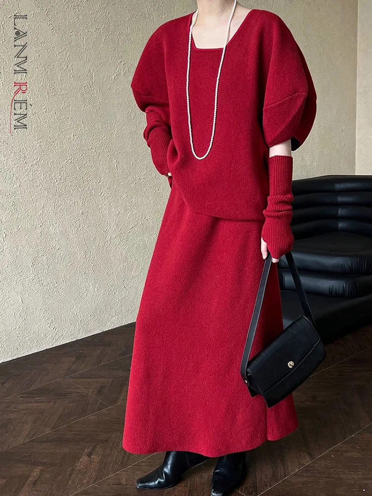 LANMREM Элегантный вязаный комплект женский пуловер с круглым вырезом и рукавами +