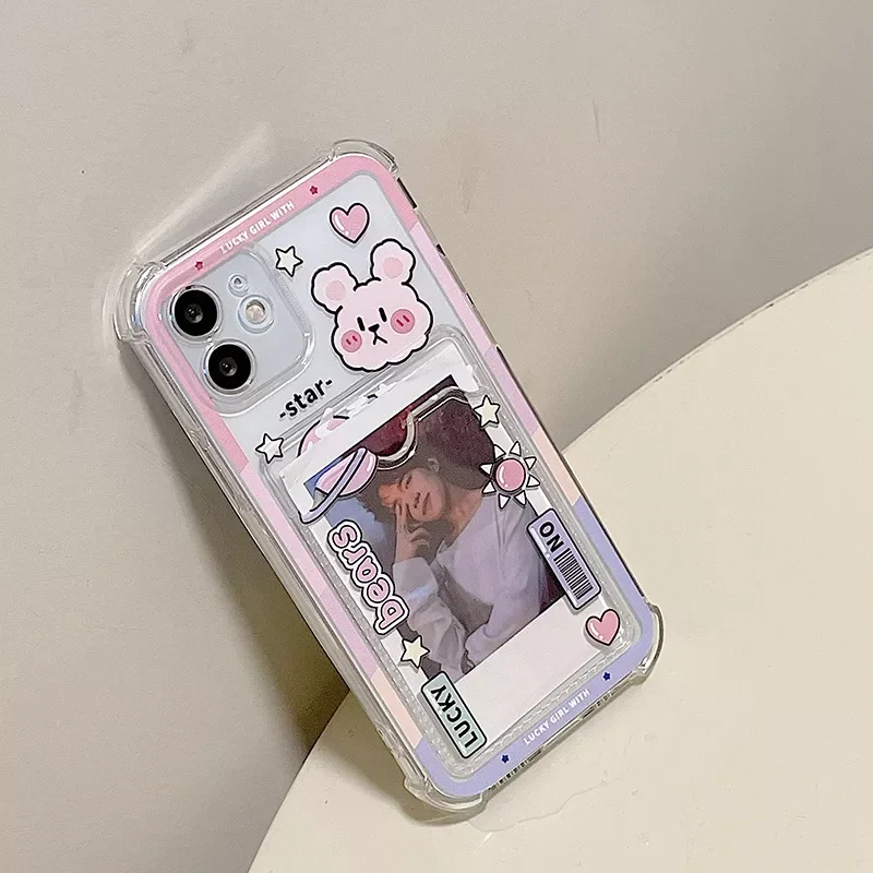 

Free Shipping Cartoon Bear Strawberry Flowers Put Cards Silicone Soft Antiu-fall For iphone 11 12 13 Pro Max XR Xs 7 8 Plus Phon