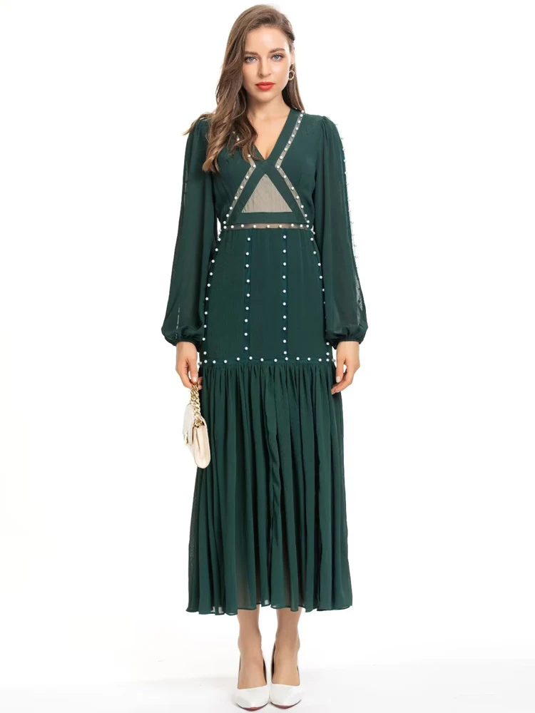 

Женское винтажное длинное платье, дизайнерское праздничное платье знаменитости с длинными рукавами и бисером, весна-осень