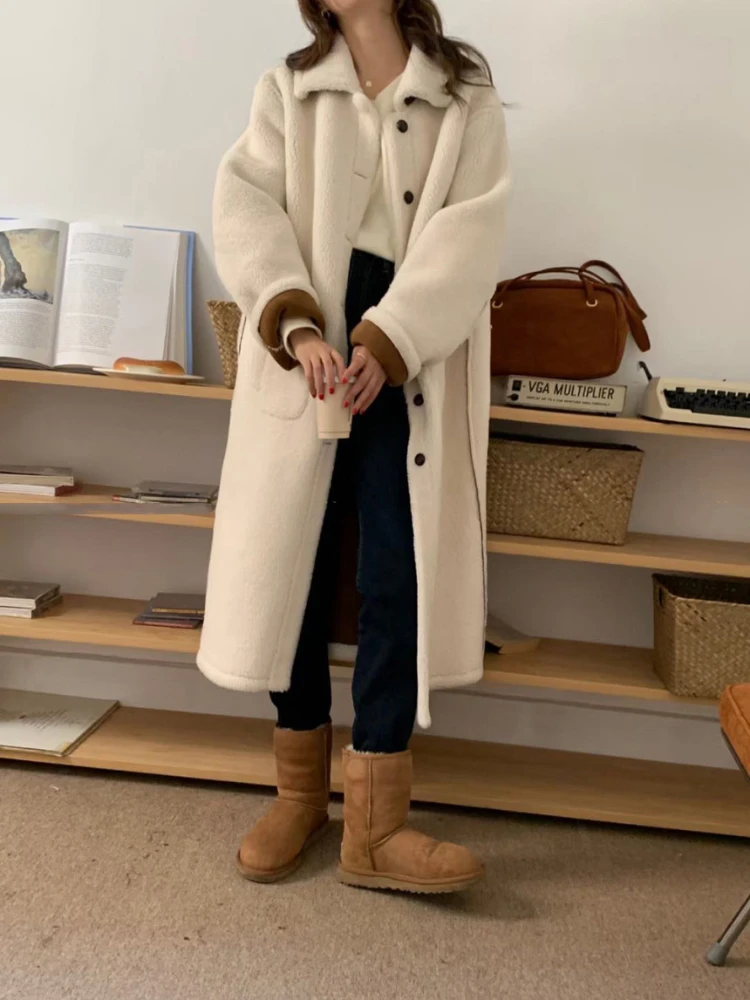 Winter Women Long Lamb Fur Coat Vintage Loose Lapel Collar Overcoat Thick Warm Outerwear Female Single Breasted Plush Coats