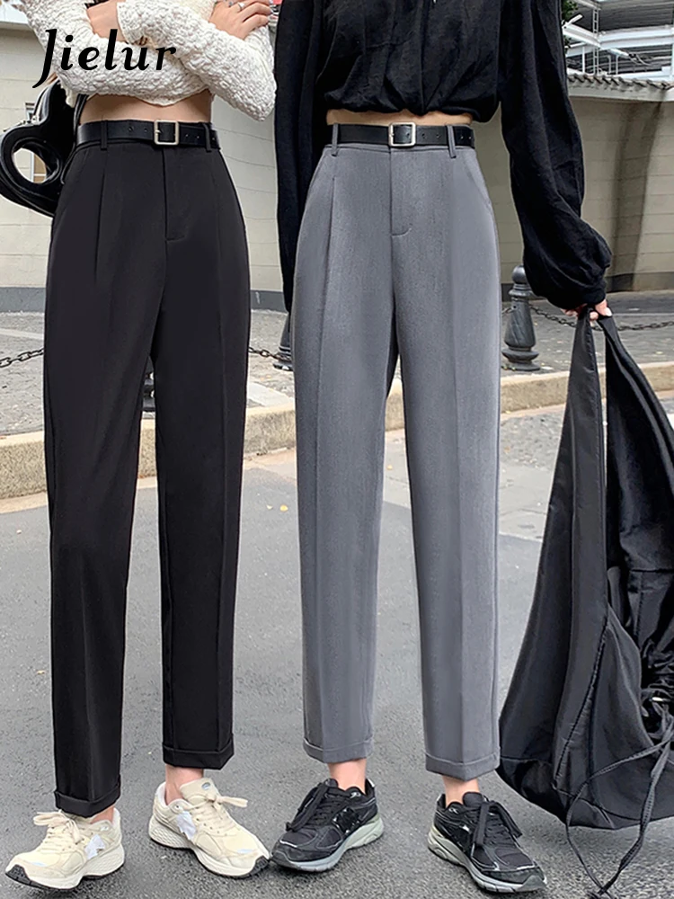 

Jielur Korean Fashion Office Wear Straight Gray Black Pants Women Female Capri Trousers Autumn Casual Suit Pants with Belt S-4XL