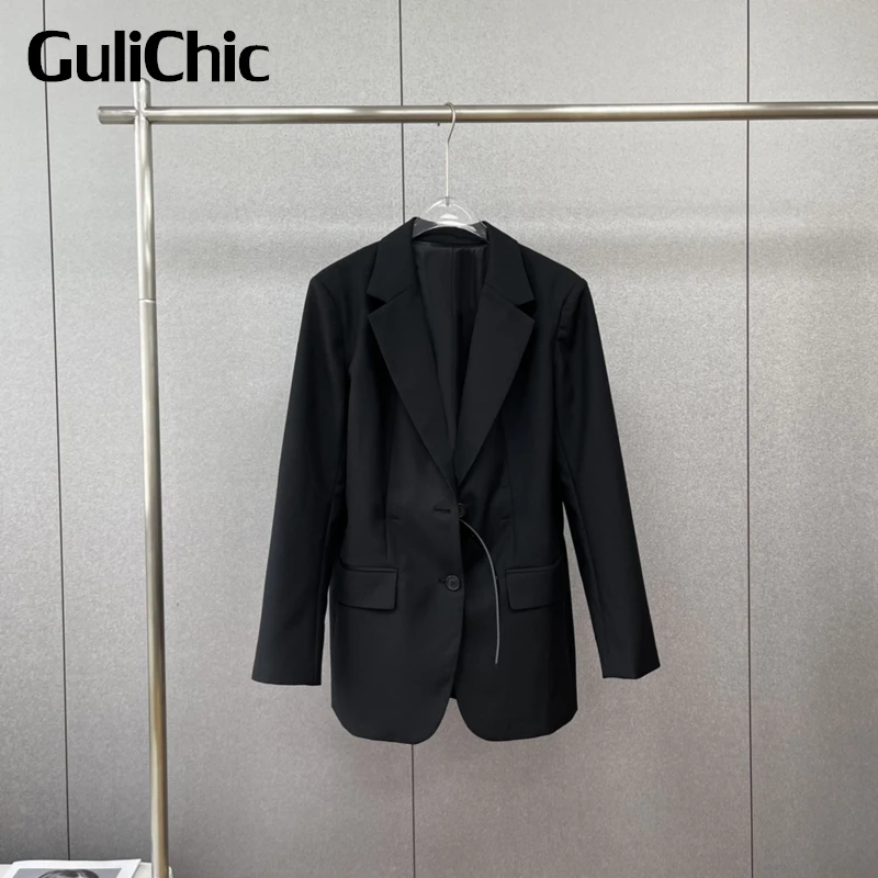 

8.24 GuliChic Women Button Pocket Belt Decoration Solid Color Casual Blazer