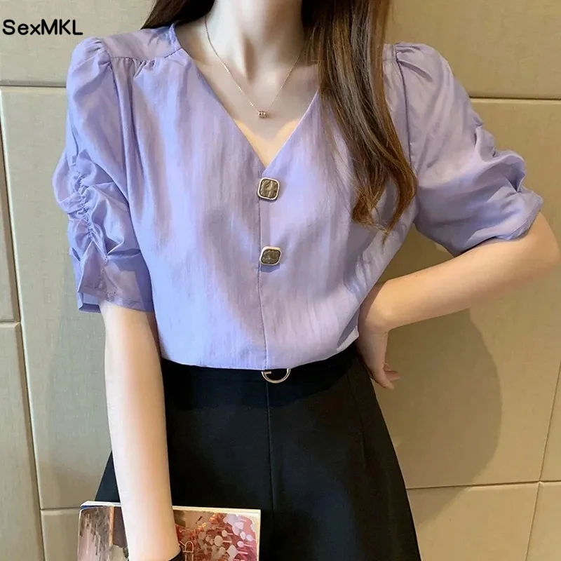 

Blusas Mujer De Moda 2023 Elegant Fashion V Neck Puff Sleeve Chiffon Tops Ladies Casual Korean Sexy Women White Blouses Purple