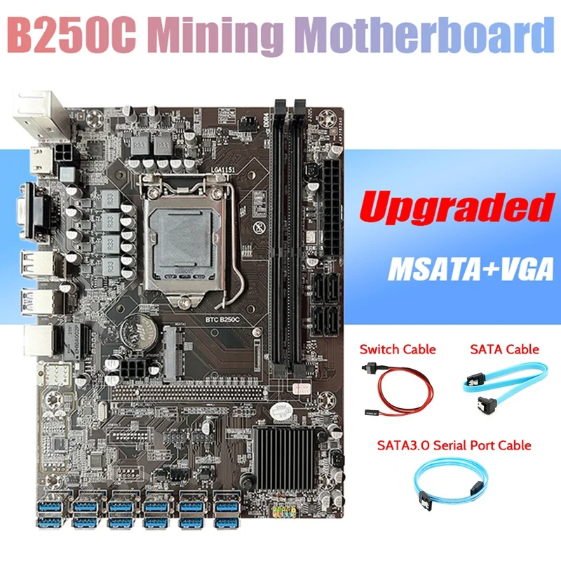 

B250C ETH Miner Motherboard+SATA3.0 Serial Port Cable+SATA Cable+Switch Cable 12 PCIE To USB3.0 GPU Slot LGA1151 For BTC