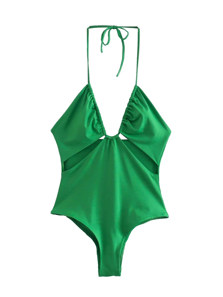 PB&ZA Women 2022 New Chic Fashion green opening design bathing suit Jumpsuits Vintage hollow out Female Playsuits Mujer