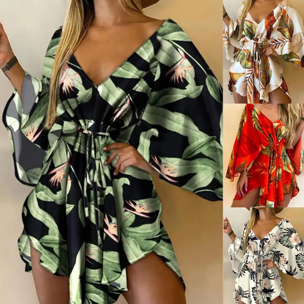 

Mini Dress Women Dress Sexy Asymmetrical Hem Tropical Print Tie Front V Neck Beachwear