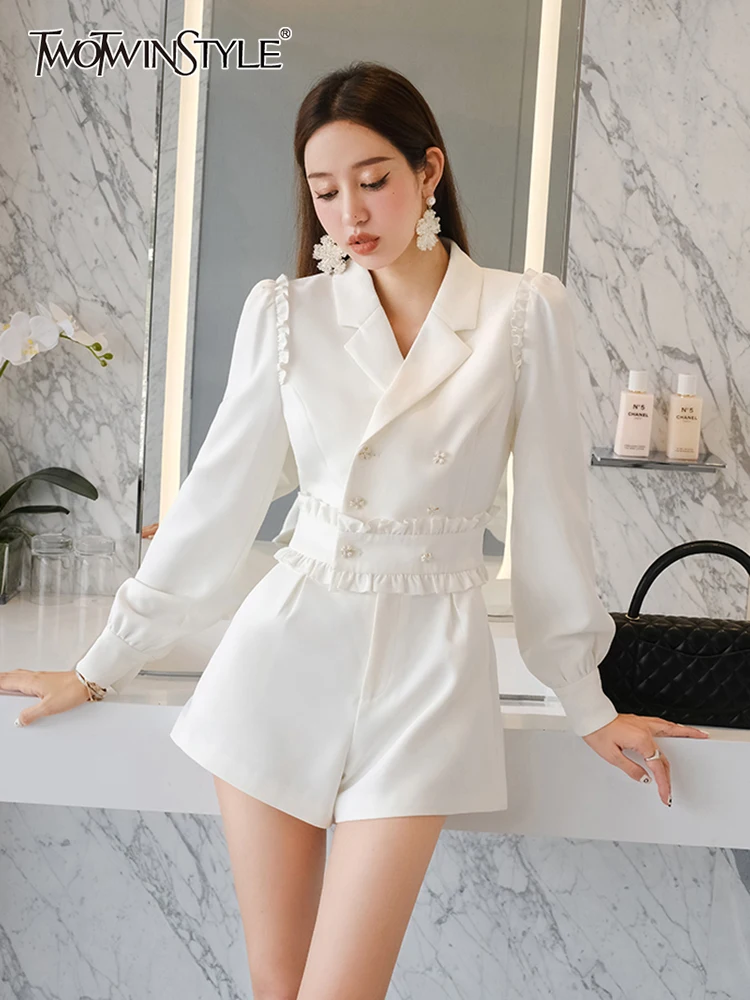 TWOTWINSTYLE Casual White Playsuits For Women Notched Collar Long Sleeve High Waist Playsuit Female Fashion Clothes Style Summer