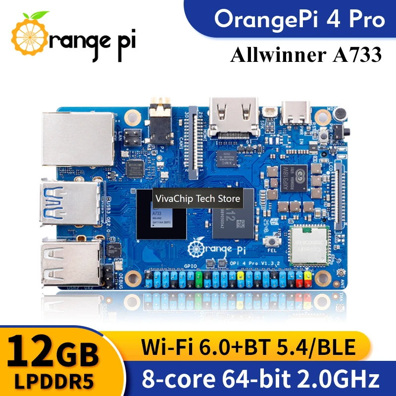 Фото Плата для разработки VivaChip TechOrange Pi 4 Pro с чипом Allwinner A733, 12 ГБ LPDDR5, NPU 3Tops, Wi-Fi 6.0 + BT5.4, слот M.2 M-Key, одноплатная. №2
