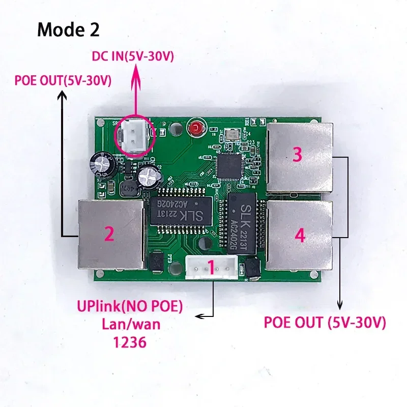 Обратный источник питания POE-переключатель POE IN/OUT5V/12V/24V 75W/2=38 5W 100mbps 802.3AT 45+78-DC5V~30V