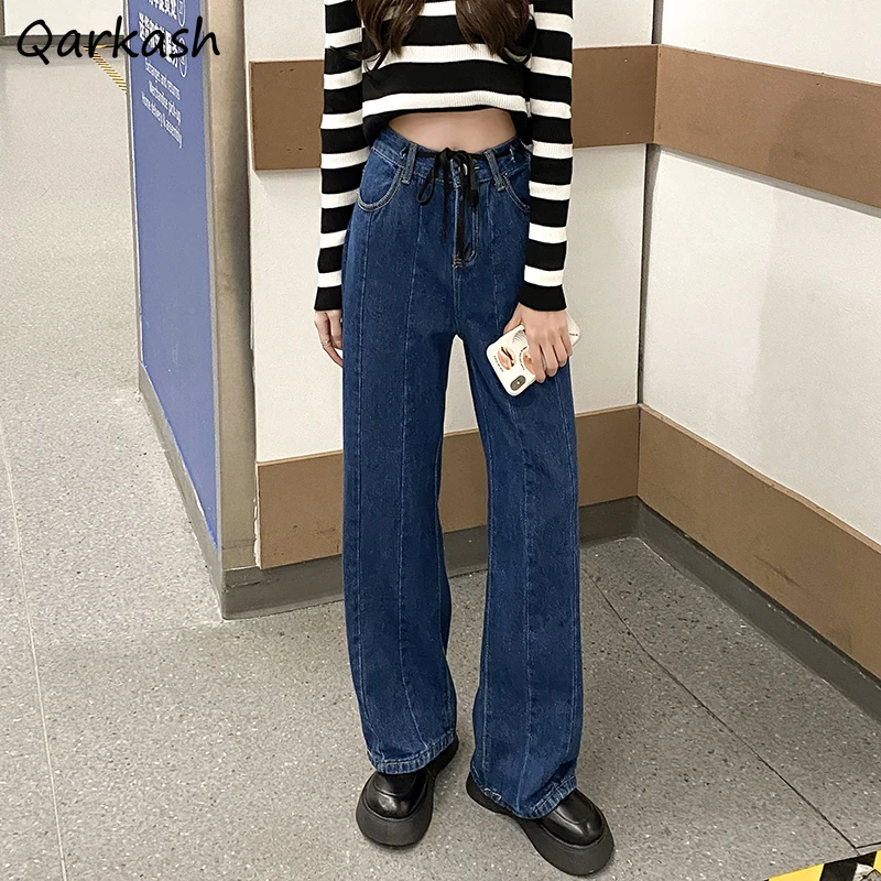 

Джинсы женские универсальные в стиле ретро, джинсовая модная однотонная универсальная уличная одежда из денима на пуговицах в Корейском стиле, простая повседневная свободная одежда с широкими штанинами и карманами