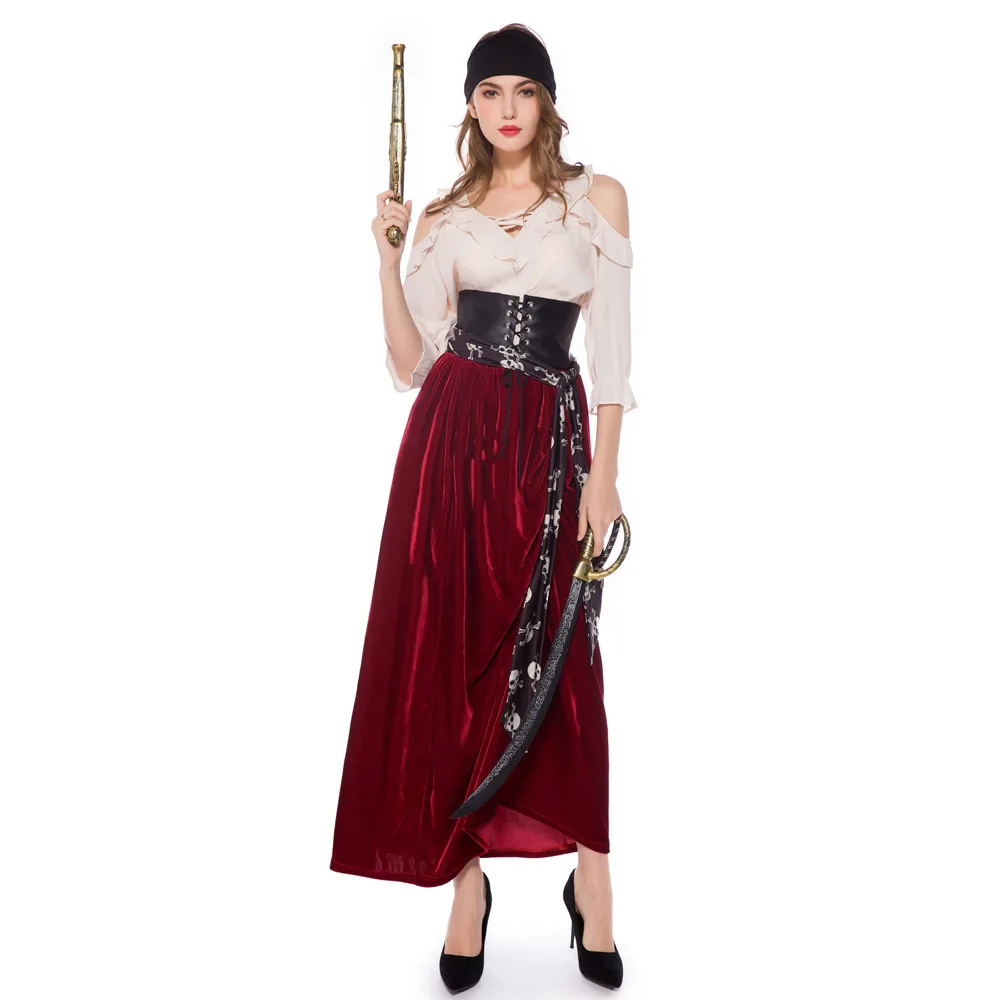 

Female Caribbean Pirates Captain Jack Costume Headband Belt Skirt Set Cosplay Medoeval Gothic Fancy Woman Dress Suit Halloween