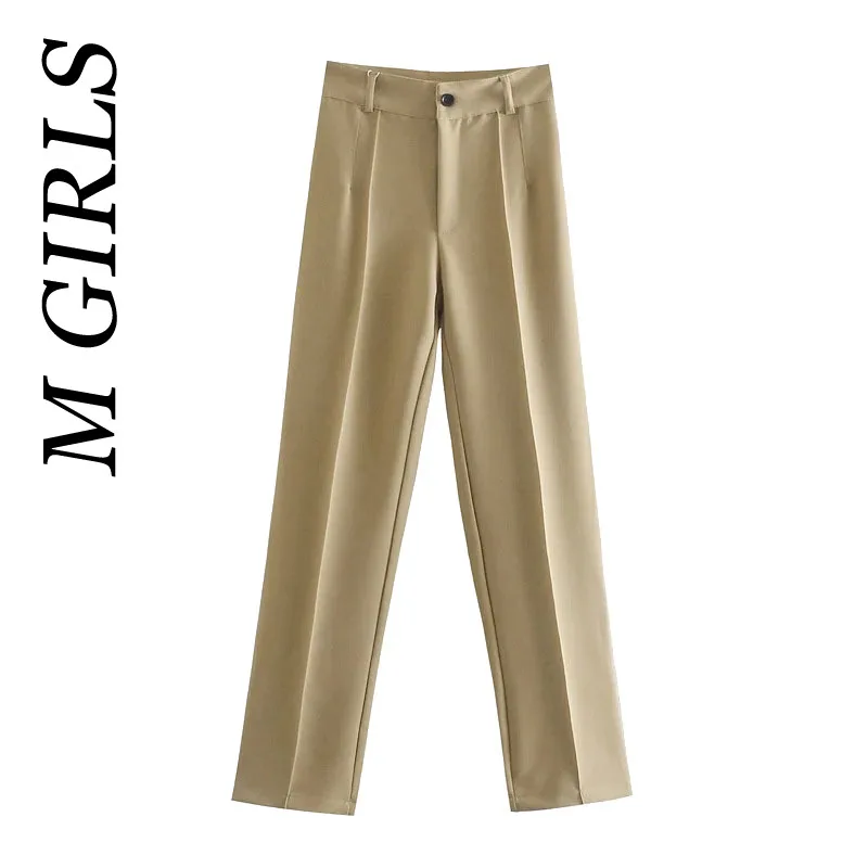 

M GIRLS Women Chic Fashion Front Darts Office Wear Solid Straight Pants Vintage High Waist Zipper Fly Female Trousers Mujer