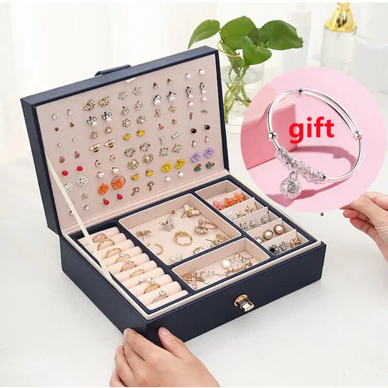 

Шкатулка для ювелирных изделий с подарком, Двухуровневая вместительная металлическая шкатулка, Высококачественная шкатулка для хранения ювелирных изделий из искусственной кожи