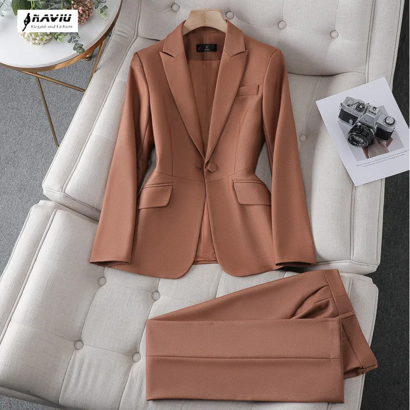 Coffee Suits Women New Autumn Winter Business Temperament OL Formal Slim Long Sleeve Blazer And Pants Office Ladies Work Wear