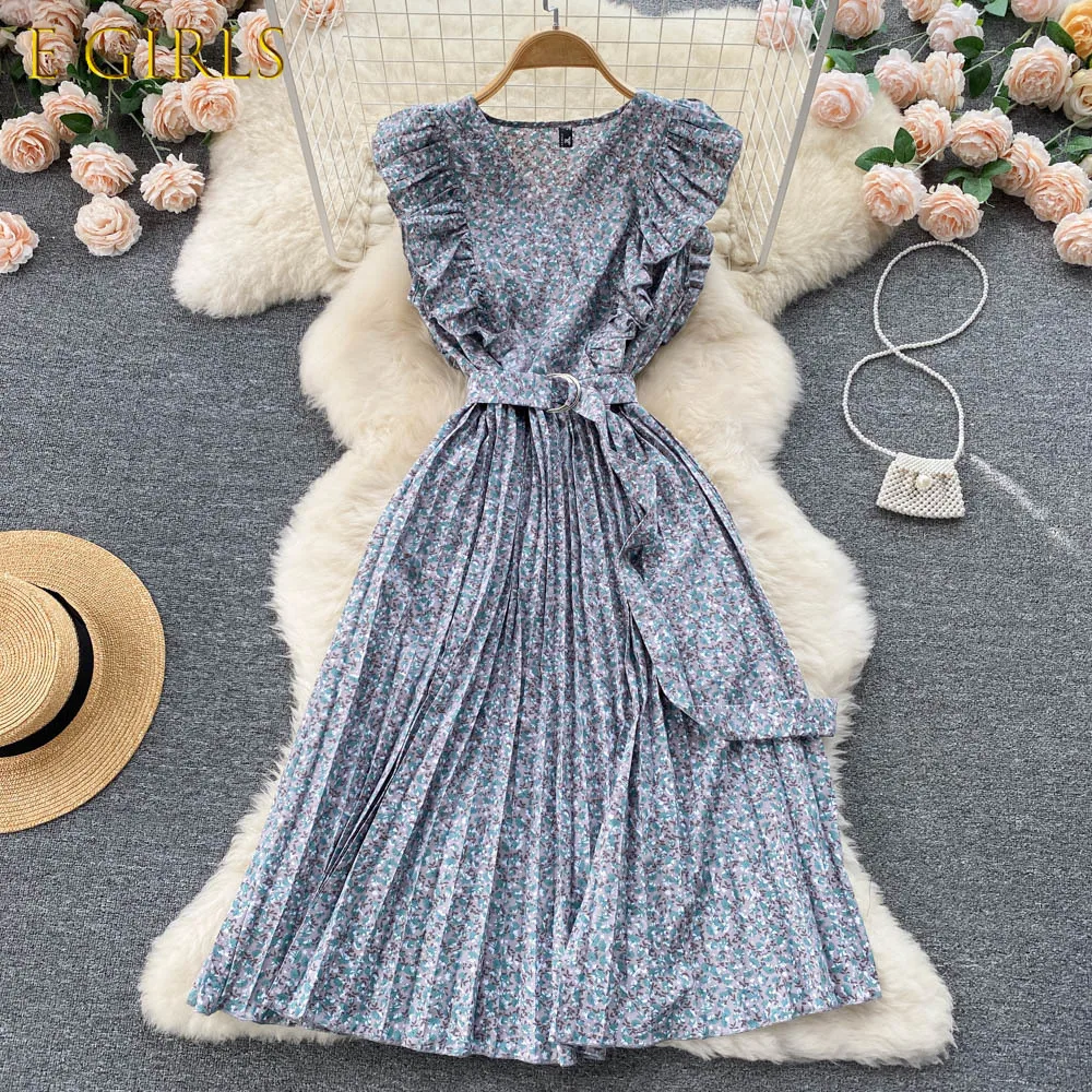 

J GIRLS Women Sweet Fresh Floral Lace Waist Pleated Dress 2022 Summer Korean Chic Gentle Fungus Retro Over Knee Long Dresses