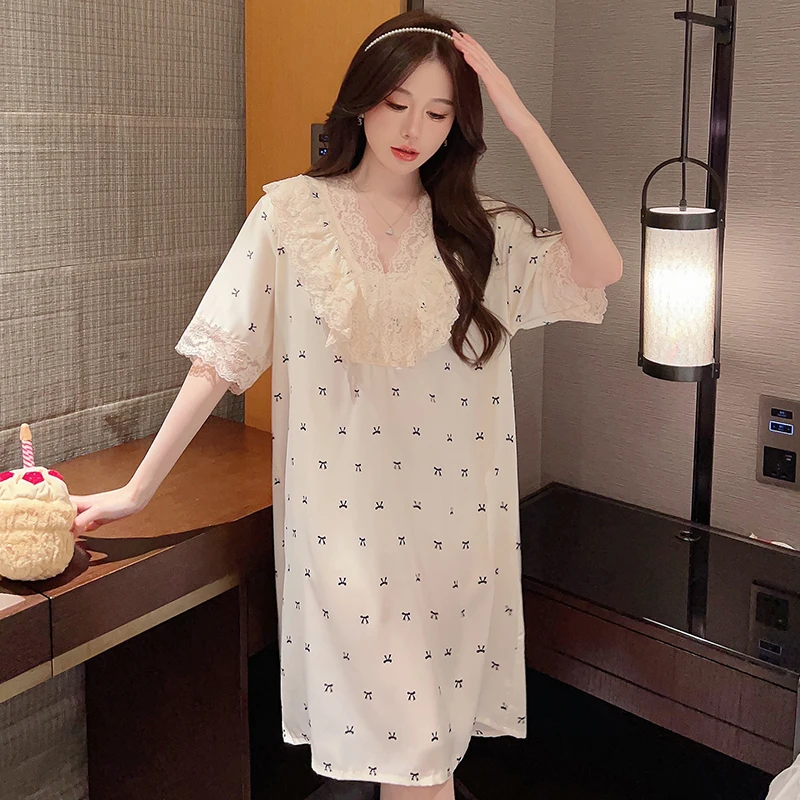 

Funishi Ice Silk Nightdress Sweet Summer Pajamas lace Princess Style Cute Sexy Sleepwear пижама женская