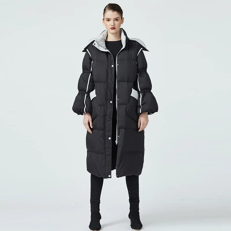 Winter New Fashion White Duck Down Women's Jacket Long Hooded Parkas Thicken Contrast Color Age-Reducing Warm Feather Coat Femal