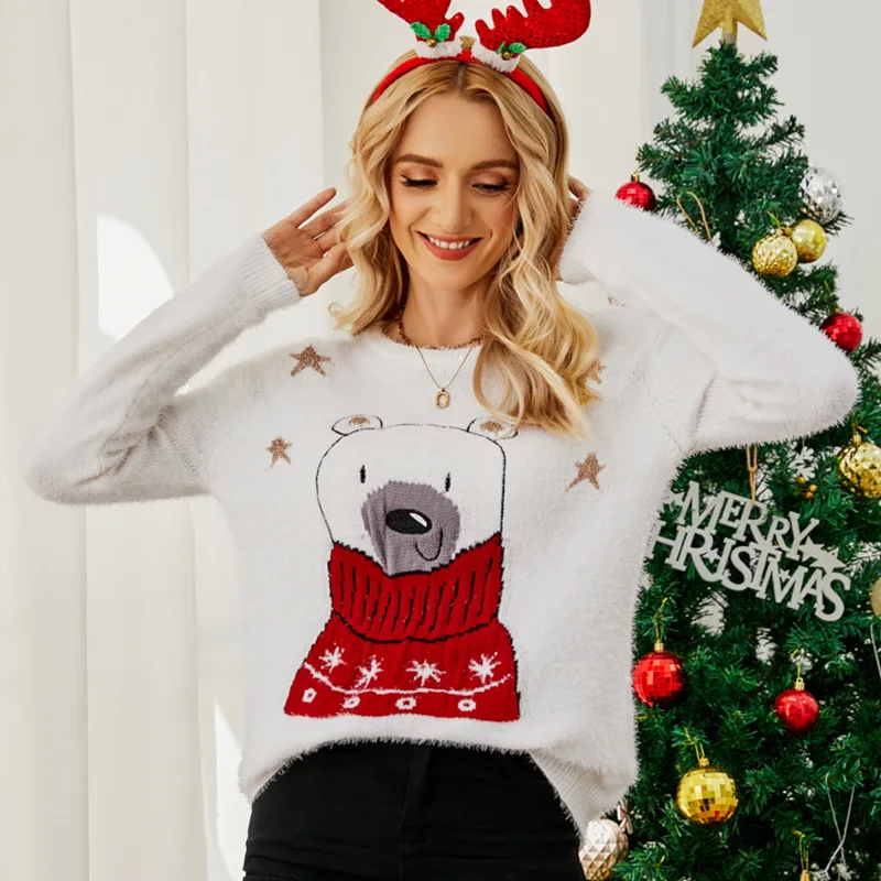Women Clothes Hot Sale Women Clothes Sweater Design Top Christmas Cartoon Jacquard Knitwear Embroidered Bear Christmas Sweater