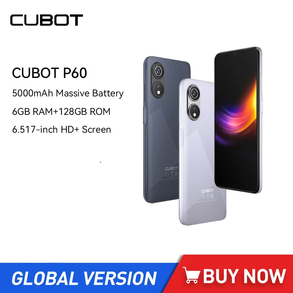 Cubot P60 Android 12 Smartphones 6.517Inch Octa Core 6GB+128GB (256GB Extended) 20MP Camera Dual SIM 4G Mobile Phone 5000mAh GPS