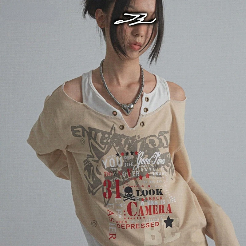 

Женская Асимметричная футболка с открытыми плечами, Готическая футболка составного кроя с длинным рукавом и принтом в стиле Харадзюку, мод...