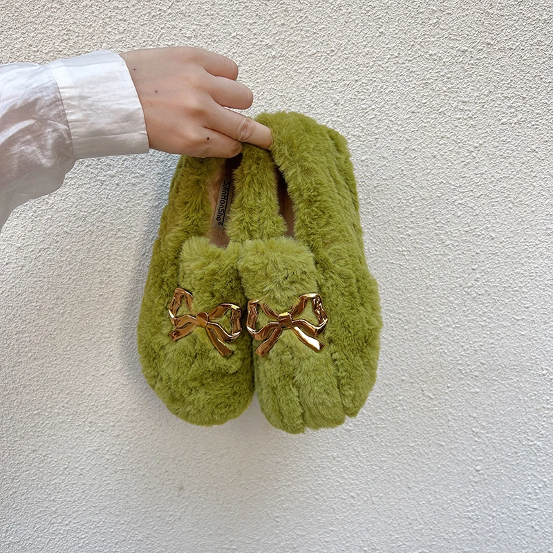 Bowknot Sweet Fluffy Shoes Female Fall and Winter Outer Wear Warm Doug Single-Layer Shoes