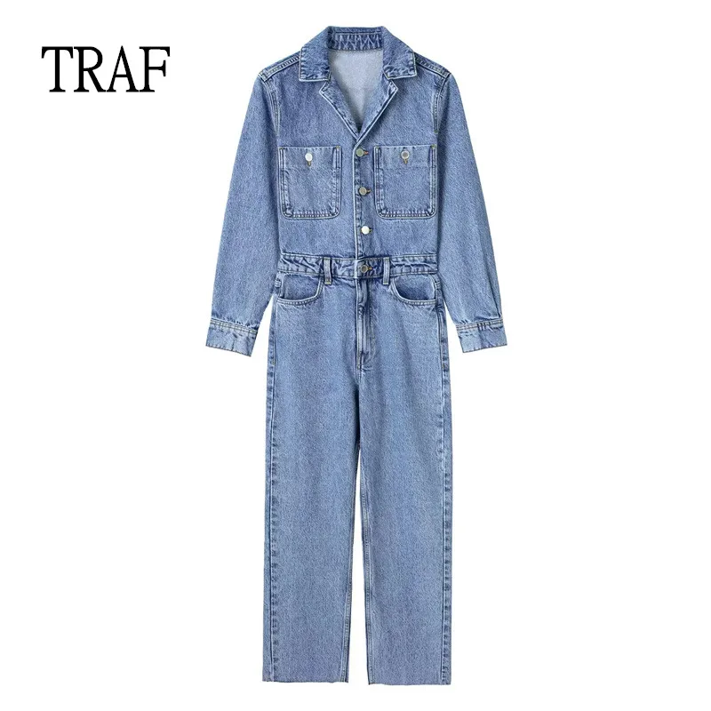 

TRAF Blue Denim Jumpsuit Women 2023 Fashion Pocket Female Jumpsuit Vintage Long Sleeve Elegant Party Jumpsuits For Women Pant