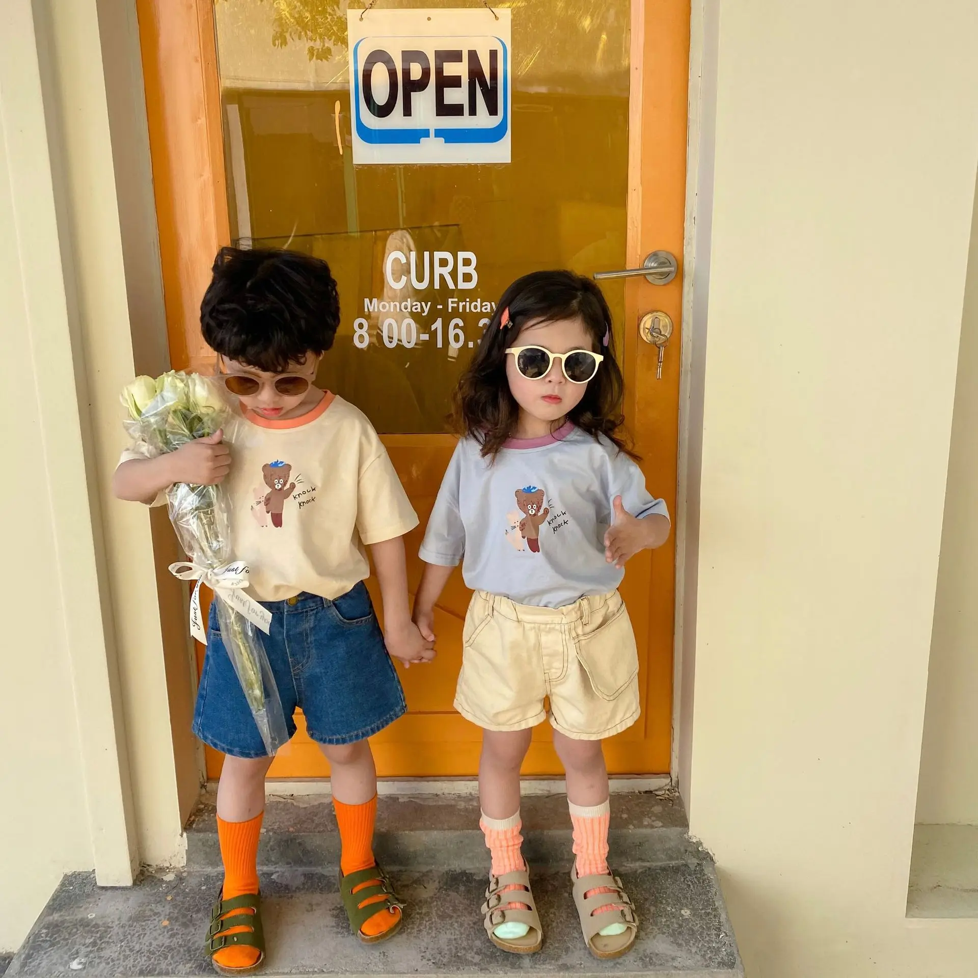 

2022 Summer New Short Sleeve Children T Shirt Boys Cute Bear Print T Shirt Girls Cartoon Tee Soft Cotton Kids Bottoming Tops