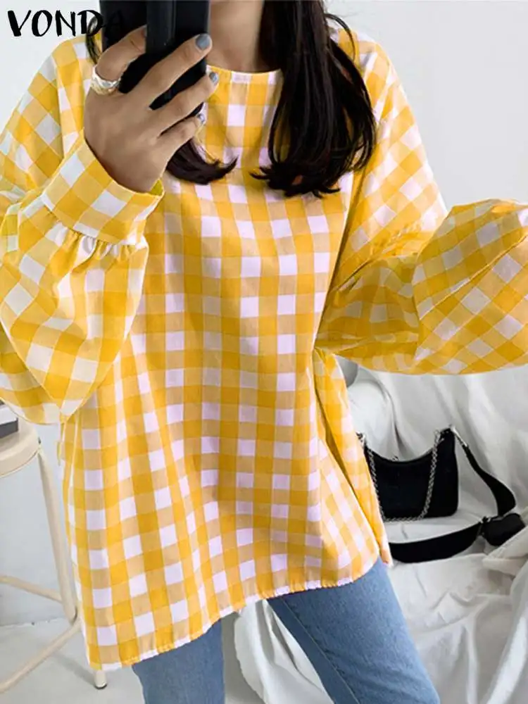 

VONDA Elegant Plaid Casual Tops 2022 Women Blouse Loose Femme Casual O Neck Checked Blusa Long Sleeve Pleated Street Chemise