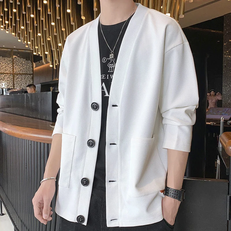 

Japanese Casual Loose Men Cardigan Clothing 2022 Spring Autumn Korean Fashion Streetwear V Neck Single-breasted Solid Men Coat