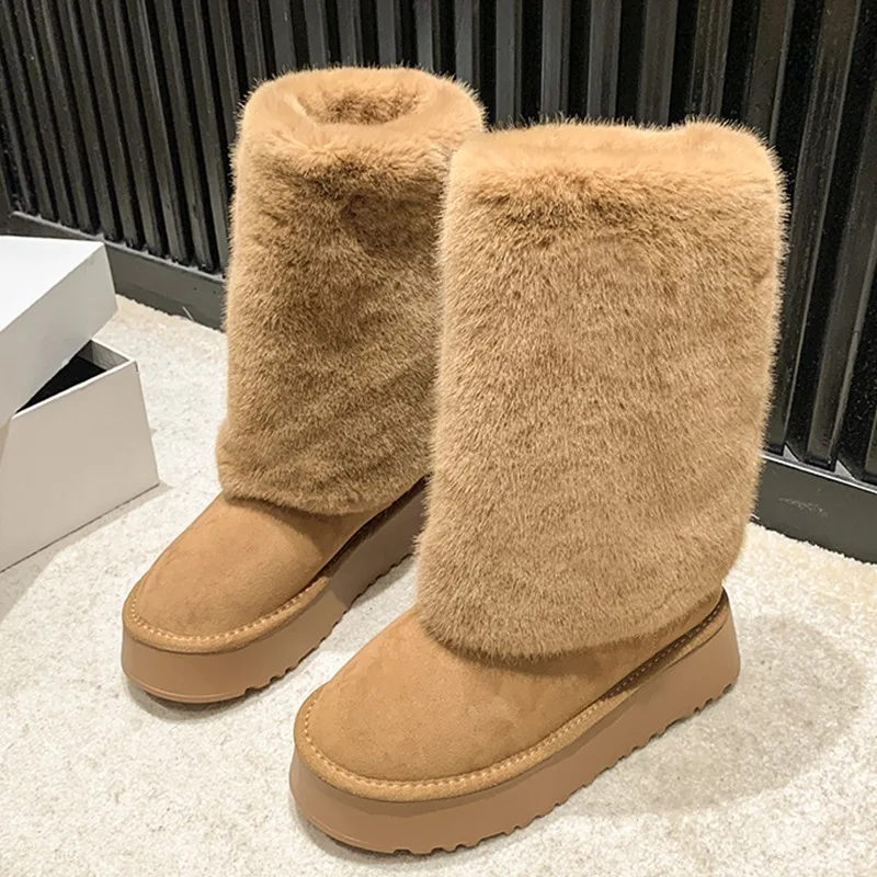 

Mid Calf Suede Flats Platform Women Snow Boots 2024 Winter Trend Designer Short Plush Warm Shoes New Casual Walking Long Boots