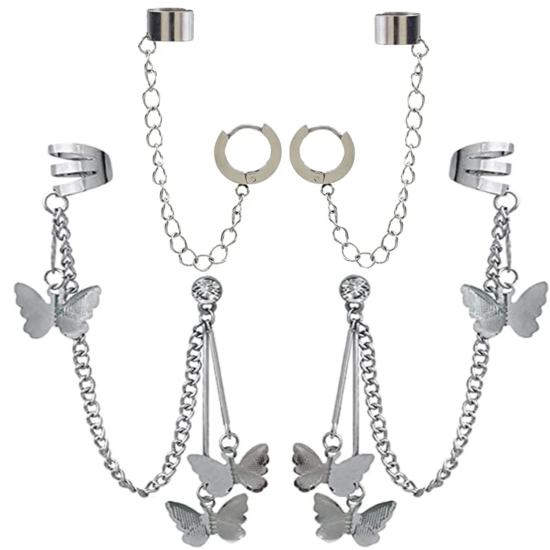 

Серебряные клипсы в стиле панк для женщин и мужчин, украшения для ушей в стиле хип-хоп, с бабочкой, манжеты для ушей, серьги-цепочки без пирси...