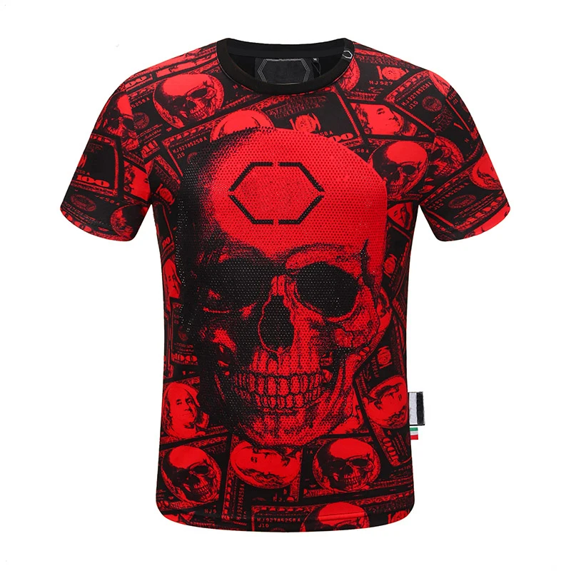 

Short sleeve t-shirt men's fashion heavy industry dollar pp skull creative personality hot stamping printing summer Plein trend