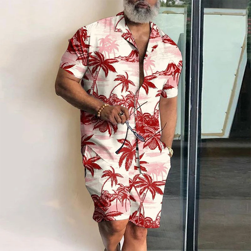 New Summer Hawaiian Printed Men Suit Fashion Lapel Shirt And Shorts Two Piece Sets 2023 Casual Loose Man Beach Outfits Clothes