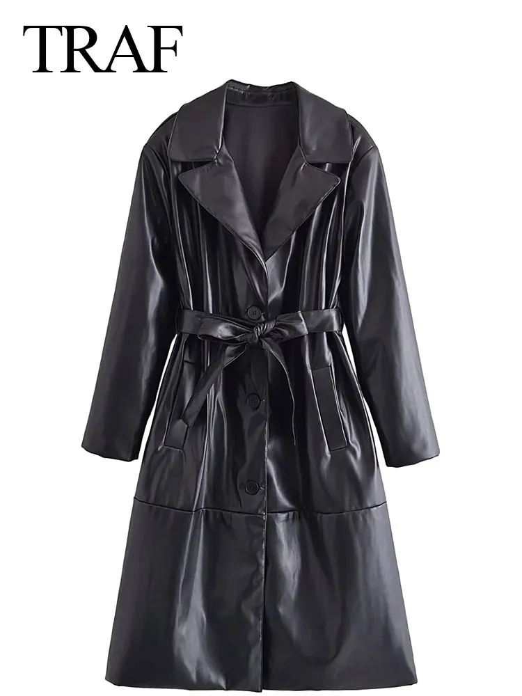 

TRAF 2022 Fashion Leather Windbreaker Solid Color Black Suit Collar Temperament Cool Single Breasted Slim Belt Versatile Chic