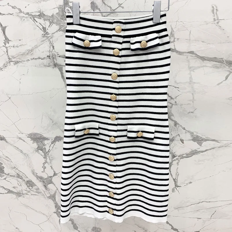 23 Runway Stripe Single-breasted Knitted Dress Summer Women Sexy Off Shoulder Slim Bodycon High Quality Cotton Wool Mini Dresses