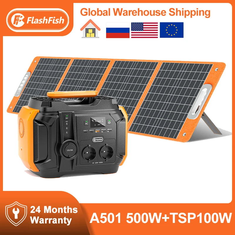

Flashfish 500W Portable Power Station Set Pure Sine Wave 540Wh Solar Generator with 18V 100W Solar Panel for Outdoor Camping