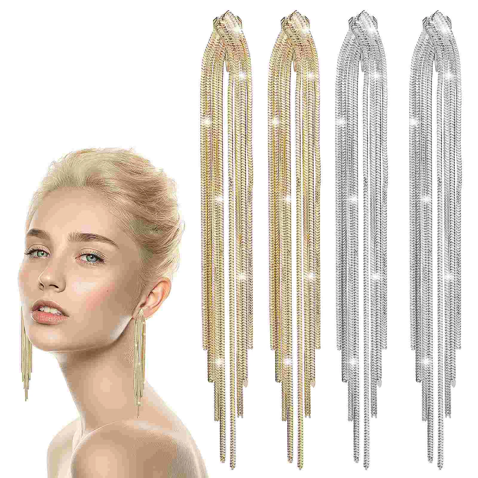

2 Pairs Tassel Gold Prom Earrings Long Silver Women Light Luxury Formal Threader Alloy Linear Drop Women's