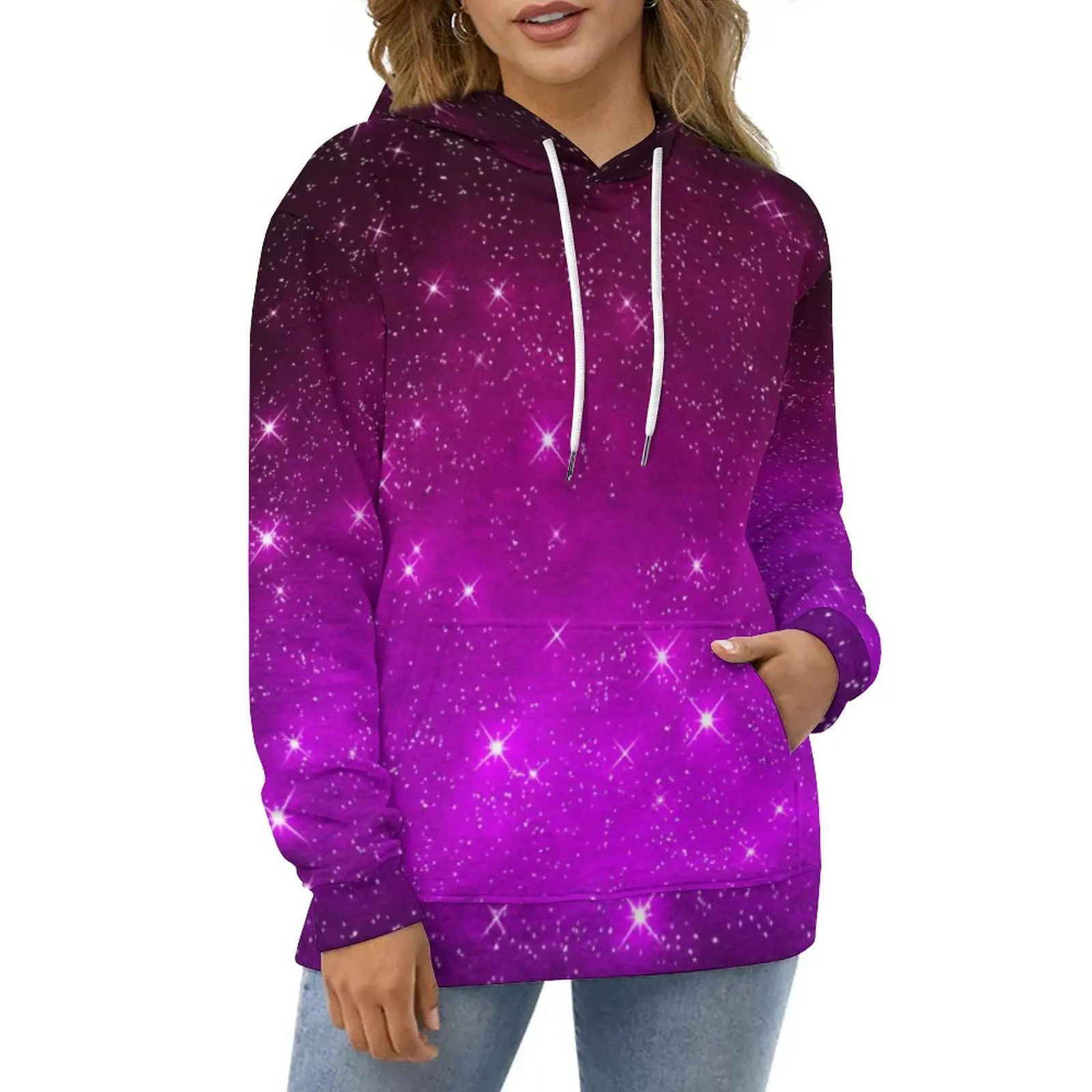 

Galaxy Sky Casual Hoodies Pink Starry Night Print Loose Hoodie Winter Long Sleeve Streetwear Oversized Hooded Sweatshirts Gift