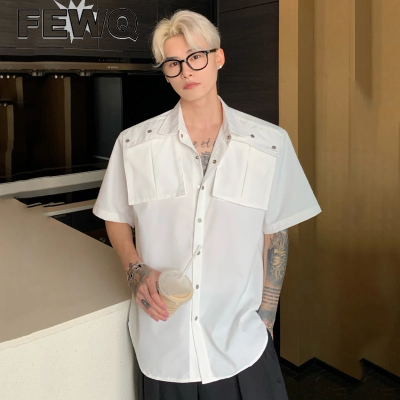 

FEWQ Large Pockets Men's Half Sleeve Shirts Shoulder Pad Tops Male Metal Button Niche Design Coats Korean Fashion Wear 24B2987