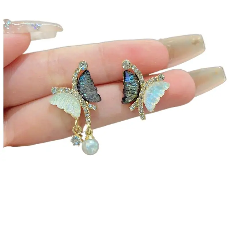 

925 Silver Needle Earrings Korean Asymmetric Butterfly Pearl Crystal Sweet And Cute Personalized Fashion Style Earrings Bowknot