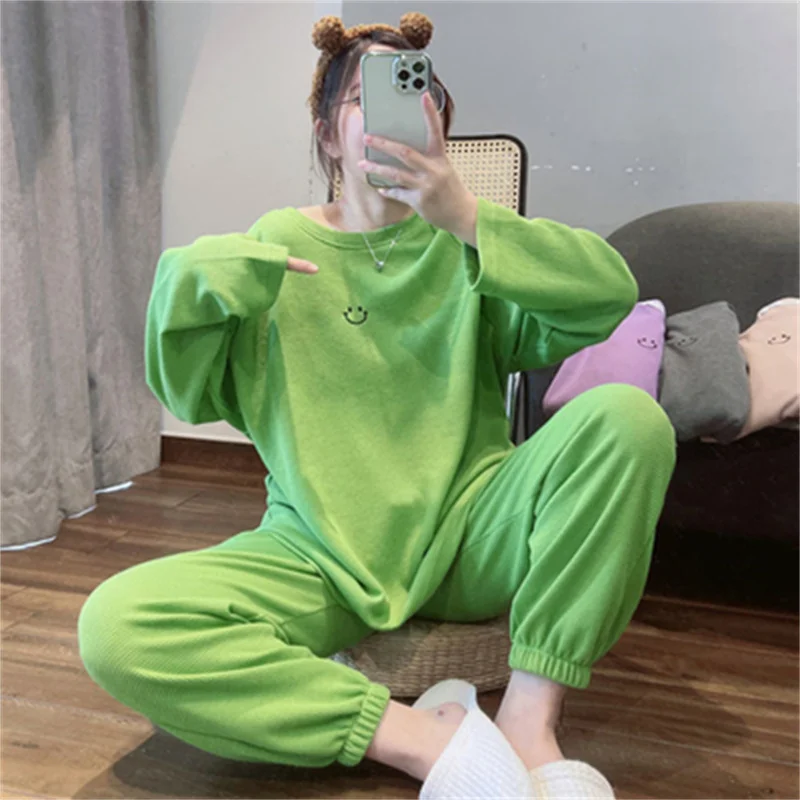 Autumn Pajamas Set O-Neck Sleepwear For Women Elastic Simple Pyjama Women's Fashion Soft Homewear Clothes Big Size