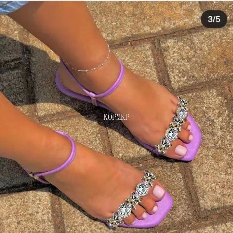 

2022 High Quality Gladiator Rhinestone Flats Women Sandals Shoes Bohemia Crystal Beach Shoes Rubber Sole Fow Summer Women 36-43