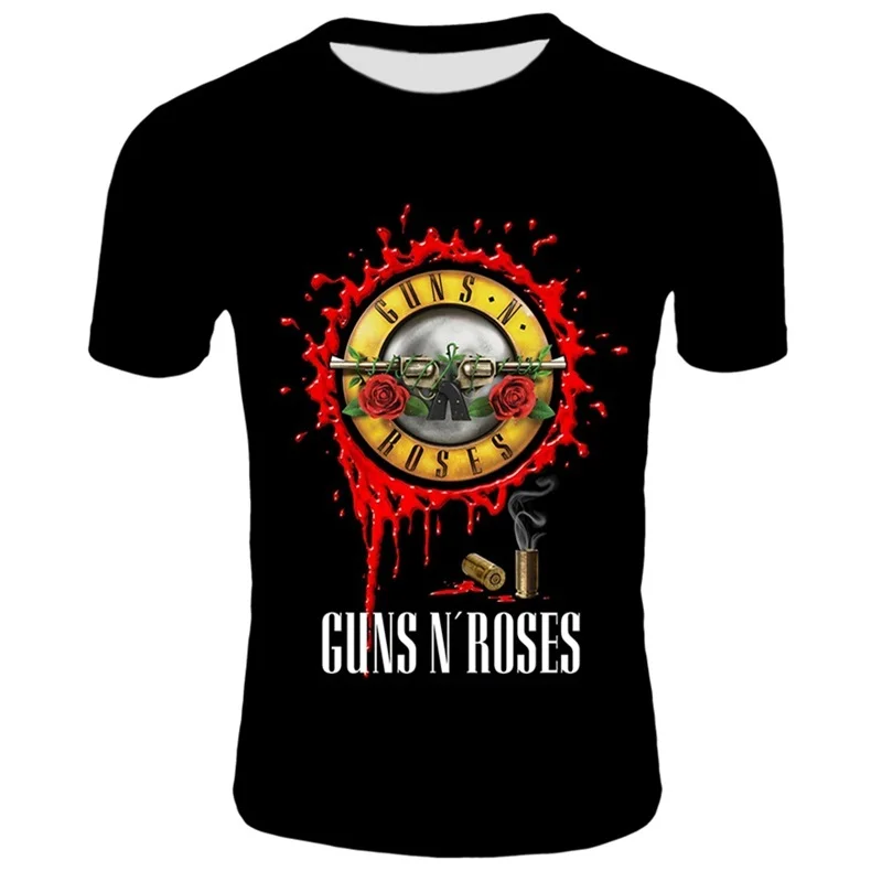 

Fashion Men Black Tshirt Punk T Shirt Guns N Roses T-Shirt Heavy Metal Tops 3D Gun Rose Print Dress Hip Hop Casual Men's T-shirt
