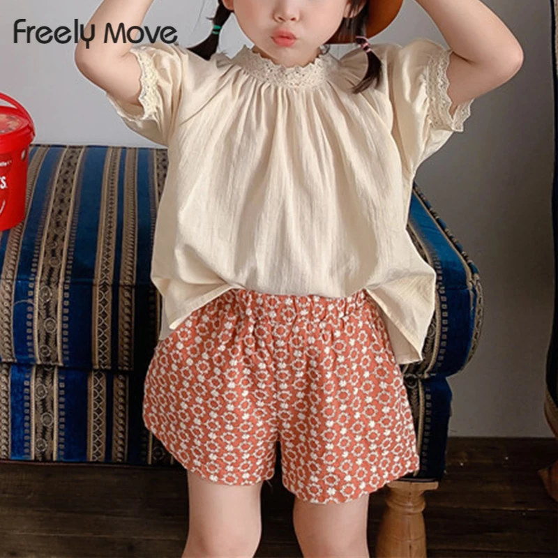 

Freely Move Spring Summer Baby Girls Blouses Kids O Neck Lace Solid Color Shirt Teen Girls Short Sleeve Tops Teenager Blouse