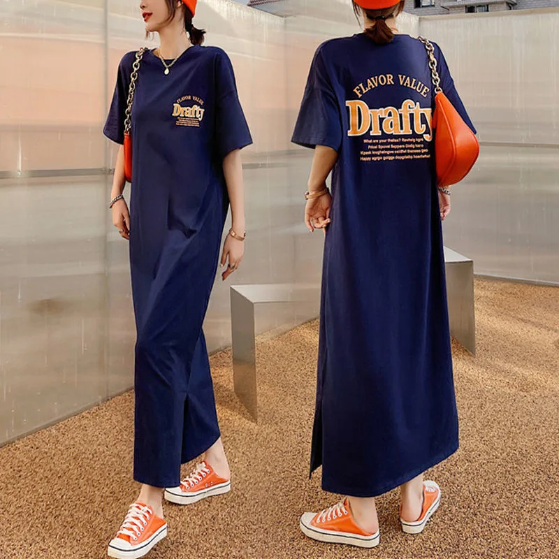 

2023 Summer Fashion Plus Size Women's Slit Printed T-Shirt Long Skirt Long Over Knee Fat Sister Dress