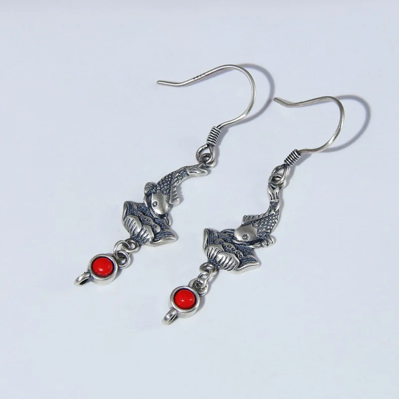 

Sterling Silver Ethnic Style Koi Opera Lotus Ear Hook Lucky Ear Rings DIY Accessories Chinese Style Vintage Earrings